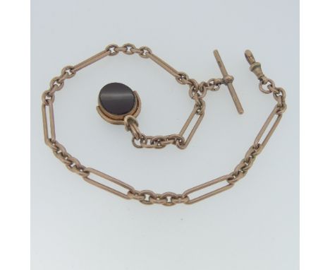 A 9ct rose gold Gentleman's Watch Chain, each link individually marked, with suspension clip and T-bar, with a 9ct rose gold 