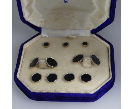 A cased 14k gold and onyx Gentleman's Cufflink and Buttons Dress Set, by Birks, of octagonal form with black onyx centres,&nb