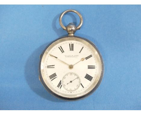A silver cased open face Pocket Watch, key wing, the white enamel dial with black Roman numerals and subsidiary seconds, sign