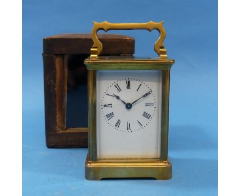 A French gilt-brass Carriage Clock, of plain five-glass form, 14cm high handle up, with carry case. 