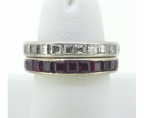 A full calibre set diamond Eternity Ring, in unmarked white metal, tests as 18ct gold, Size L½, 3.7g, together with a ruby fu