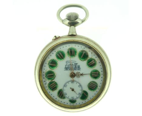 A vintage silver&nbsp;plated Systeme Roskopf railway type Pocket Watch, with green enamel Roman numerals, the dial and back c