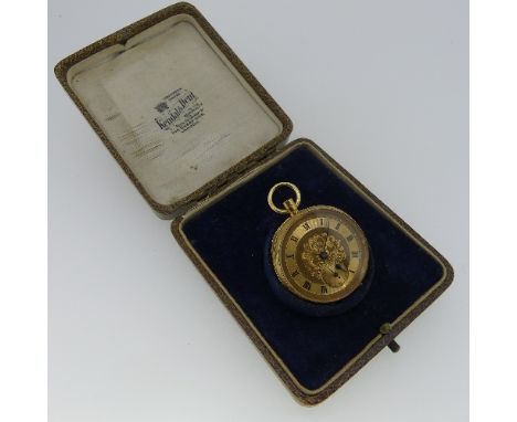 A pretty continental 18k gold open-face Fob Watch, with engraved case and gilt foliate dial and black Roman numerals, curvee 