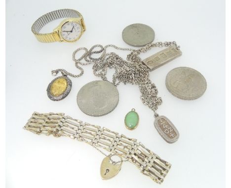 A small quantity of Silver Jewellery, including an Ingot Pendant on long silver chain, together with a ¼oz ingot pendant, a g