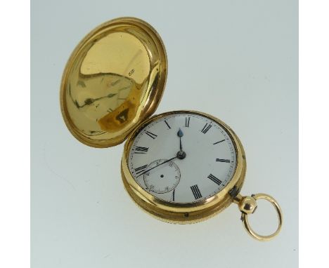 An 18ct gold Hunter Pocket Watch, key wound, the white enamel dial with black Roman numerals and subsidiary seconds, engraved
