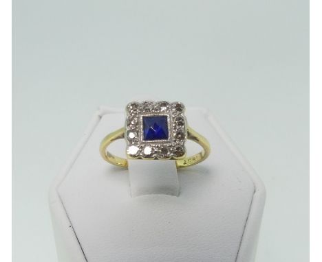 A small sapphire and diamond Dress Ring, the square millegrain set sapphire surrounded by twelve small diamonds, all mounted 