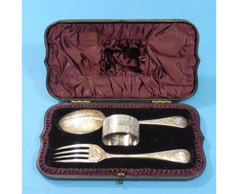 A cased Victorian silver Christening Set,&nbsp;hallmarked Sheffield 1890, the spoon and fork with foliate decoration, with a 