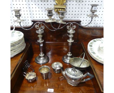 A small quantity of Silver Plate, to include a pair of two Branch Candelabra, Teapot, Toast Rack, Beaker, etc (a lot) 