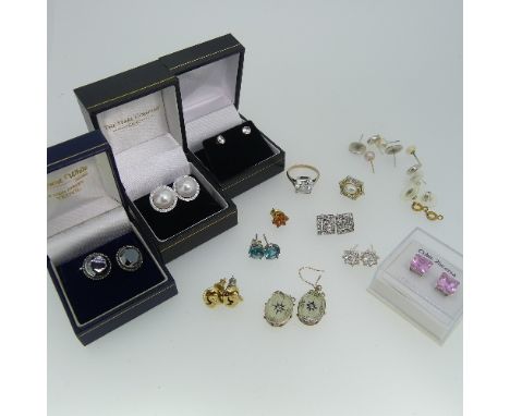 A quantity of silver Earrings, variously set including cultured pearl, cubic zirconia, hematite etc., together with a cubic z