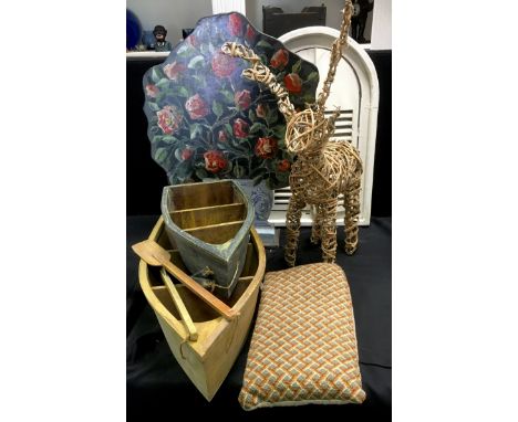 A shabby chic arched mirror, with shutter doors;  a willow deer;  two boats;  a painted firescreen;  etc 