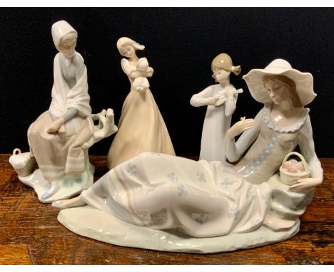 A Lladro figure Girl Seated upon a Tree stump Fence, impressed marks;  another smaller;  large Nao figure Apple Girl;  a Roya