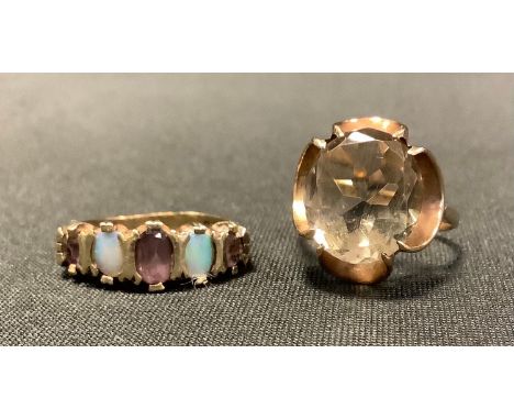 A 9ct gold smoky quartz dress ring;  another amethyst and opal, 7.6g gross (2) 