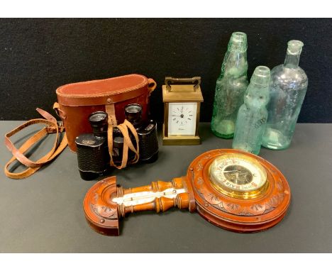 A pair of French Grendor binoculars, 8x magnification, cased;  Aneroid barometer thermometer;  Woodfield carriage clock;  Mat