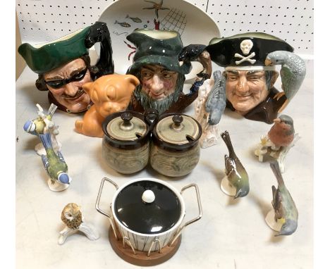 A Royal Doulton character jug, Long John Silver, D335;  other, Rip Van Winkle, Dick Turpin;  Goebel birds, various;   etc 