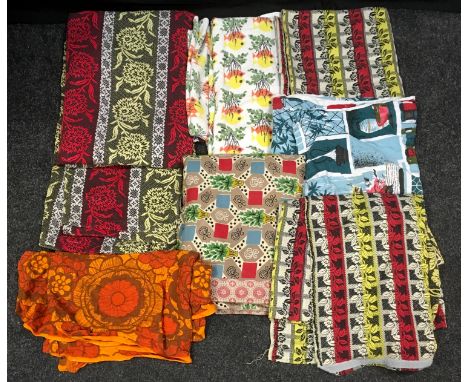 A pair of 1950's curtains, 157.5cm width x 211cm length; other 1950's fabrics 