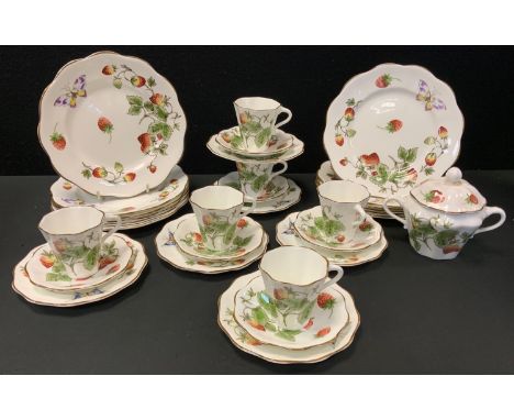 A Coalport Strawberry pattern coffee set, for six, comprising six, cups, saucers, side plates and dessert plates, sucrier and