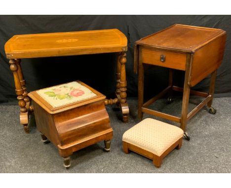 A Victorian mahogany and satinwood side table, 67cm high, 90cm wide; a 20th century mahogany serving trolley;  a Victorian co