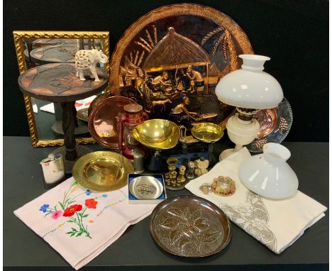A set of The Viking balance scales and weights;  Tribal wall plaque,  carved wooden table;  embossed dish etc. 