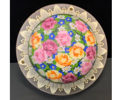 A George V painted floral plafonnier light shade, central floral painted opaque panel within relief decorated collar, triple 