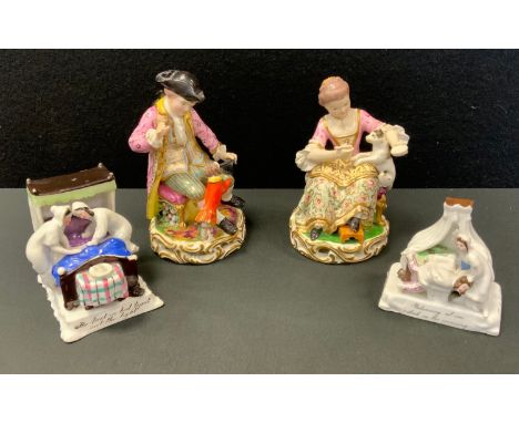 A pair of Bloor Derby figures, as a boy seated playing with a dressed dog, model number 362, 16cm high;  another Girl seated 