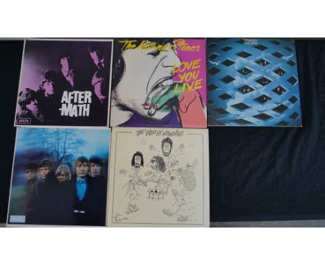 Five assorted LPs; Between the Button, Love You Live &amp; Aftermath by the Rolling Stones and Tommy &amp; By Numbers by The 