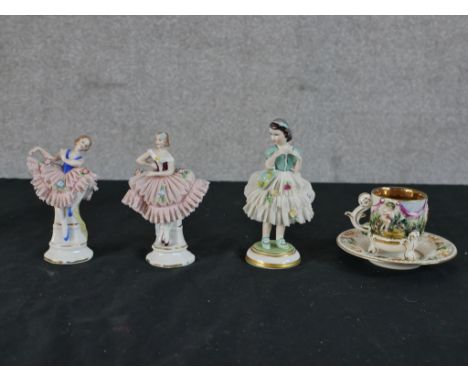 Three 20th century Continental porcelain female ballerinas to include Dresden together with a Capodimonte porcelain cup and s