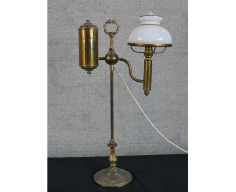 Edwardian oil lamp refurbished to electric. Made from brass and white glass. H.55 x W.30 x D.16cm. 