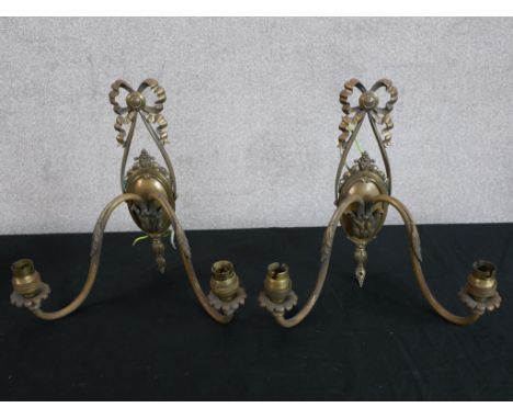 A pair of 19th century brass twin branch wall mounted light fittings (converted to electricity) H.27 W.27 D.19cm 