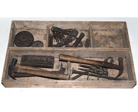 A collection of vintage woodworking and other tools, including: a selection of boaring screws; hammers; and others,  containe