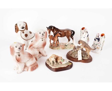 A pair of Staffordshire Wally or hearth dogs, 21cms high; together with another Staffordshire Wally dog; a Beswick horse and 