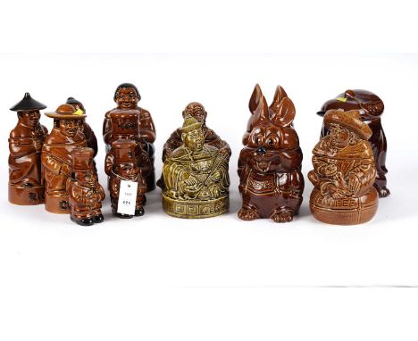 A selection of retro glazed ceramic novelty jars with covers, primarily by P &amp; K Pottery or Sadler, including: a salt and