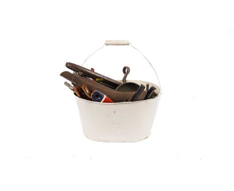 Assorted tools and collectibles, including: a mid Century Norwegian Bergen’s Original canvas backpack, with metal frame and l
