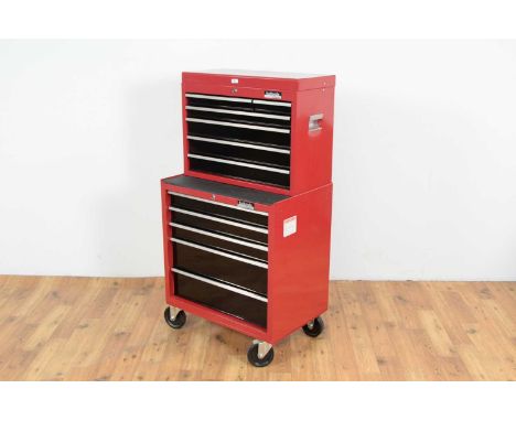 A Halfords Professionals red tool chest on chest, item no. 174920, comprising 12 drawers, on wheels, 129cms high. 