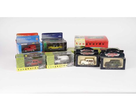 A collection of Vanguards diecast model vehicles, including: a Vanguards Ford Anglia &amp; Hillman Imp Racing Diorama set, in