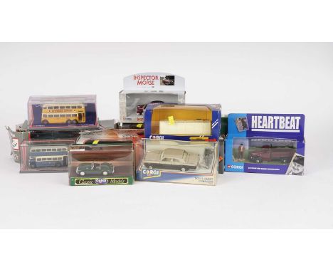 A collection of Corgi diecast model vehicles, including: Corgi Classics Thornycroft Box Van; Corgi Grey-Green Coaches AEC Reg