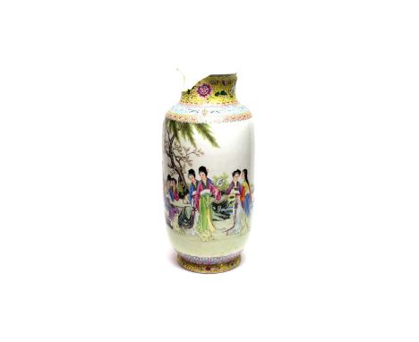 A Chinese famille rose Republic period vase (1912-1949), decorated with maidens in a fenced garden within yellow and turquois