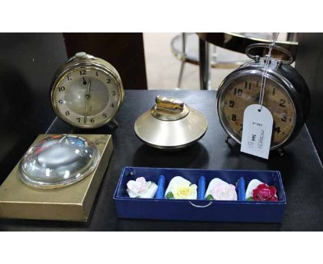 TWO VINTAGE ALARM CLOCKS
in working order, with a vintage lighter, a paperweight etc.