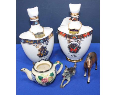 LOT OF MIXED CERAMICS
including two Wade decanters (both empty), various ceramic and glass plates etc 