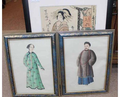 JAPANESE WOODBLOCK PRINT
depicting a geisha, 37cm x 24.5cm, mounted, framed and under glass; together with two Chinese pictur