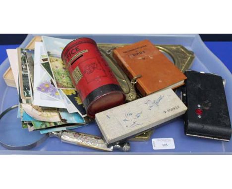 LOT OF MIXED COLLECTABLE'S 
including postcards, vintage money bank etc