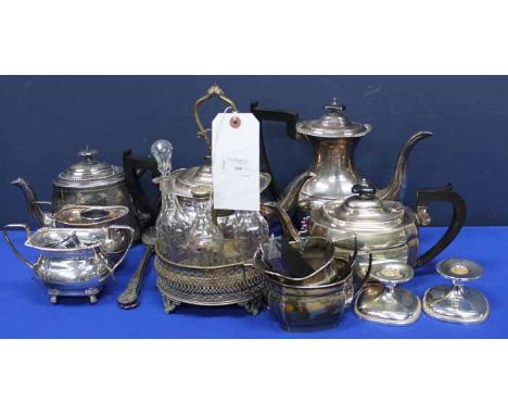 LOT OF SILVER PLATED ITEMS
including a four piece tea service, three piece tea service, cruet stand, Victorian teapot, etc 