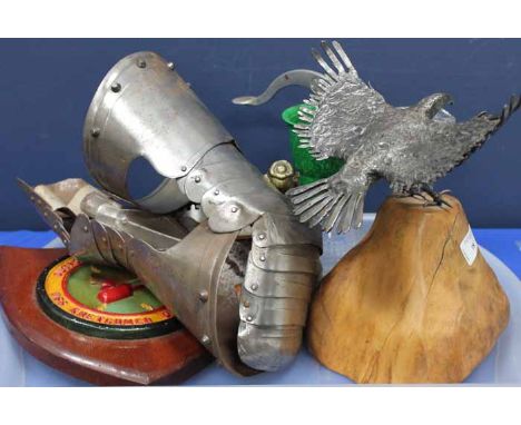 LOT OF MIXED COLLECTIBLES
including a metal eagle figure on a wooden plinth, a pair of model armour gauntlets, a plaque etc.