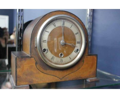 SMITHS MAHOGANY MANTLE CLOCK
together with a vintage set of scales, clock 28cm long (2)