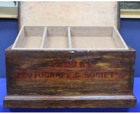 EARLY 20TH CENTURY OAK TRUNK
marked 'Paisley Photographic Society'; together with a black enamel bo and a Chinese style faux 