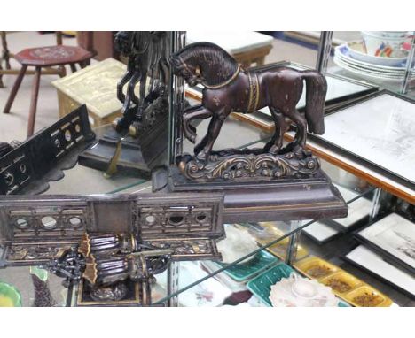 PAIR OF CAST METAL HORSE DOORSTOPS
together with a Burns cast metal shelf and a a cast metal sconce, doorstops each 31cm long