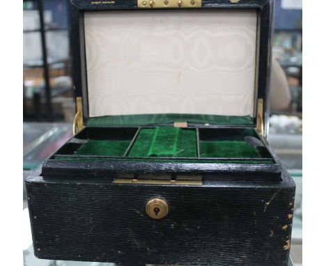 SILVER EDGED JEWELLERY BOX
in a dark green tone, with London hallmarks, with interior dividers and shelf, 24cm across