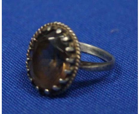 SMOKY QUARTZ SILVER RING
marked "silver", size J-K