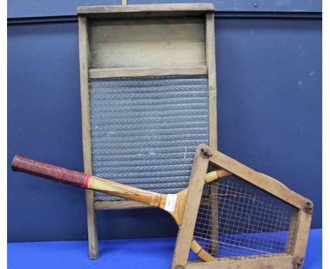 VINTAGE TENNIS RACKET AND A WASH BOARD 