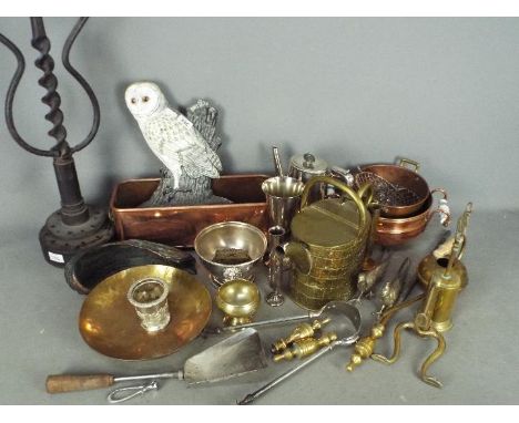 A quantity of brass, silver plated ware, copper ware and a large candlearbra and a cast iron doorstop depicting an Owl (3)