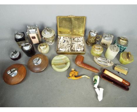 Tobacciana - A collection of cigarette lighters, meerschaum pipe, pipe case, clay pipe fragments and similar